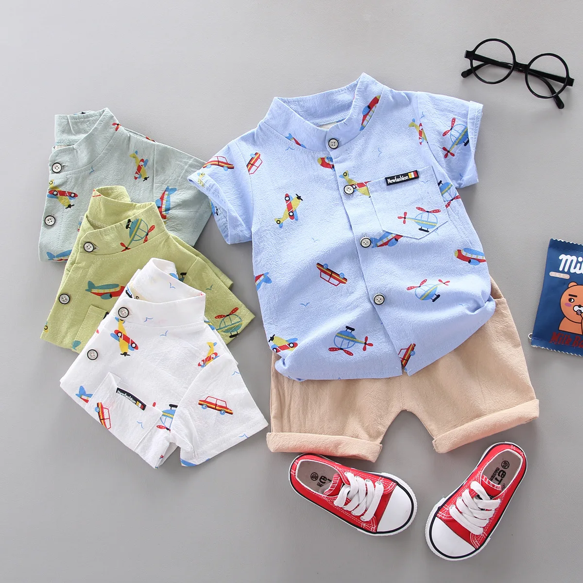 Floor price baby clothes wholesale handsome summer little boy short sleeve set Korean fashion baby boy shirt set