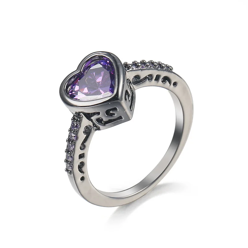 GRW40068 Fashion black gold purple zircon heart-shaped ring engagement wedding special ring