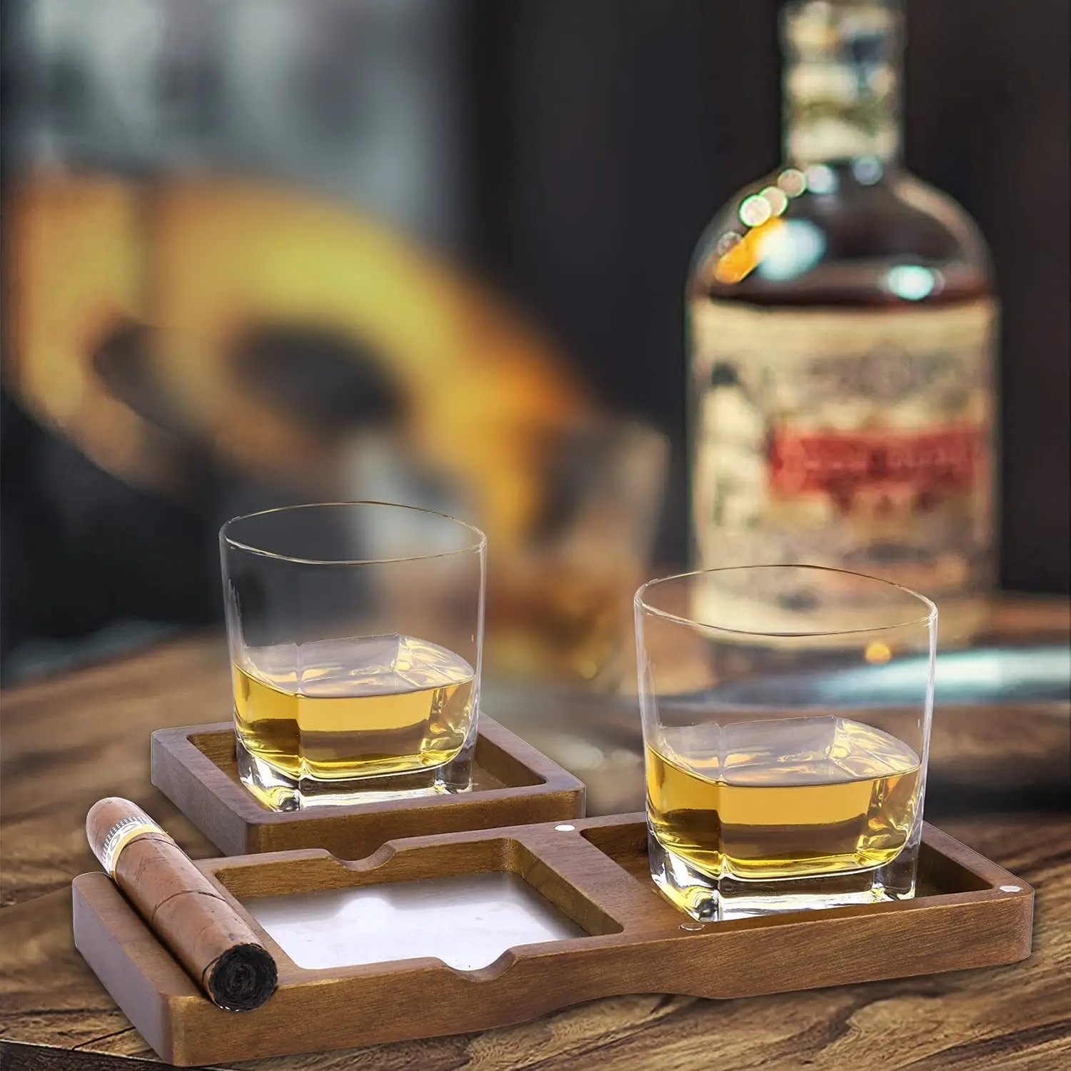 Creative wooden ashtray whisky cup tray cigar storage box table top cigarette tray wooden cigar ashtray whisky cigar ashtray