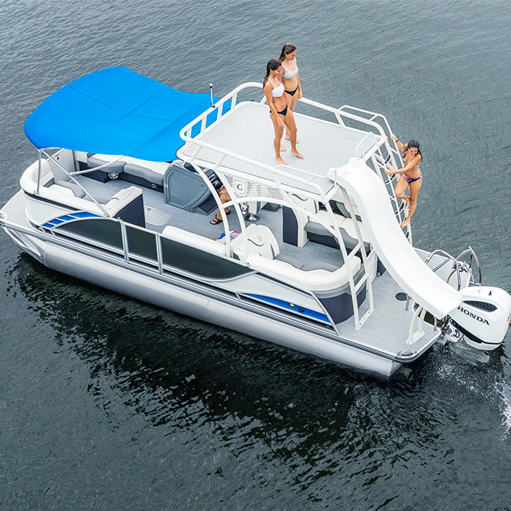 36FT Double Decker Luxury Aluminium Pontoon Boat with Water Slide Outboard Engine Aluminum Hull