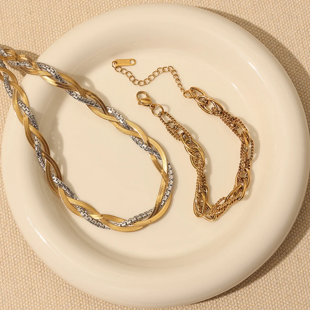 Trendy Three Fashion Color Woven Snake Bone Chain Necklace 18K Gold Plated stainless Steel Collarbone Necklaces For Women