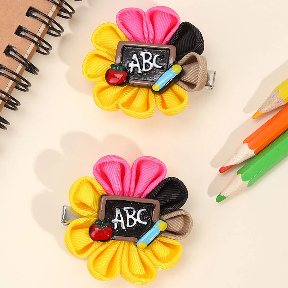 CN 2Pcs 2Inch Boutique Ribbon Flower Hair Bow Pencil Apple Accessories Kids Back to School Hair Clip Girls
