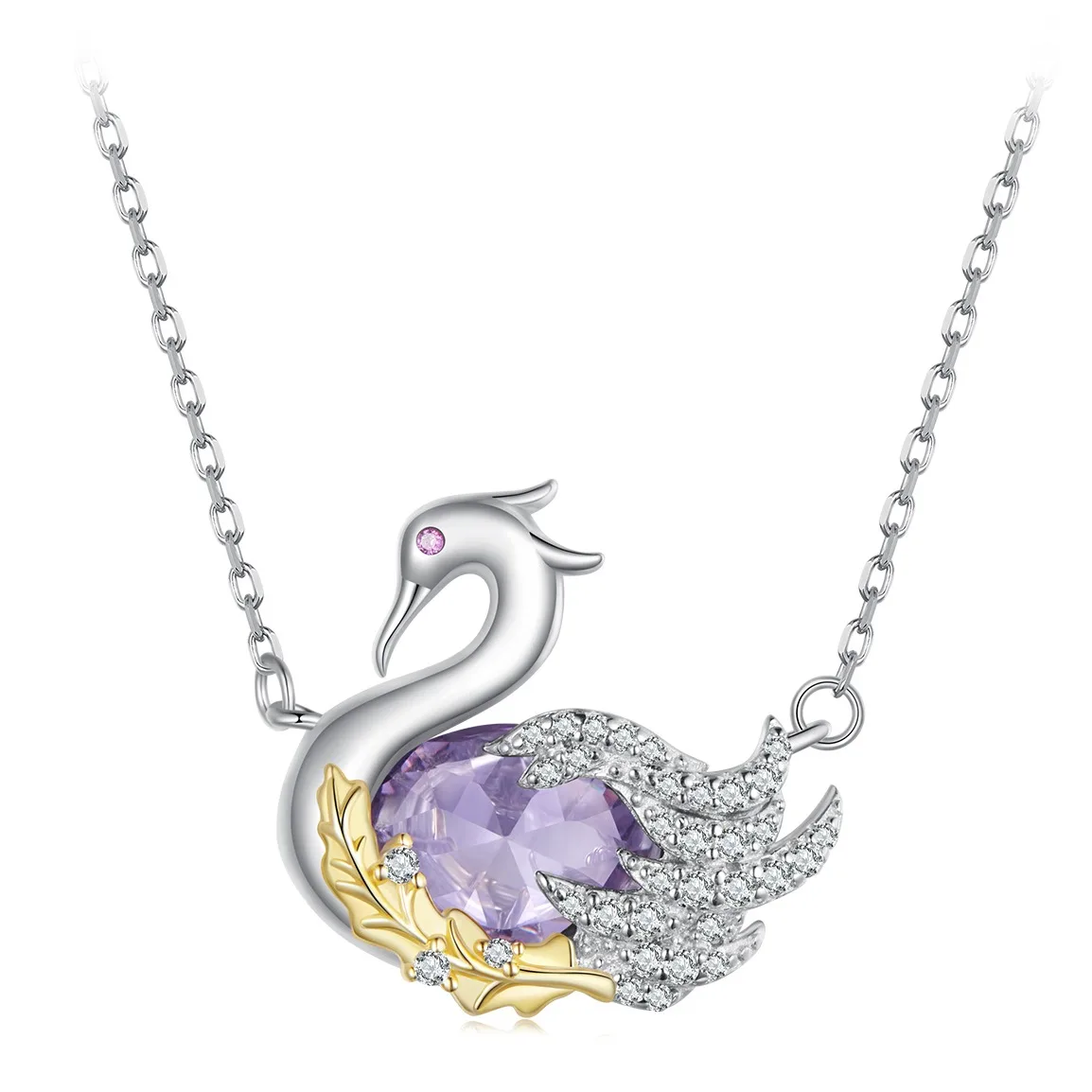 2024 Fashion New Purple Zircon Swan Pendant Necklace Luxury Elegant S925 Sterling Silver Chain Necklace Jewelry Gift