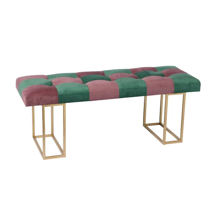 Modern Long Velvet Ottoman Salon Waiting Bench Modern Home Stool Gold Metal Legs Leather Long Rectangle Shaped Velvet Bench