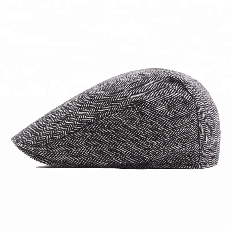 Custom Design Wholesale Cut and Sewn Tweed Hats Spring Autumn Herringbone Beret Hat Cabbie Wool Flat Top Ivy Cap for Men 1