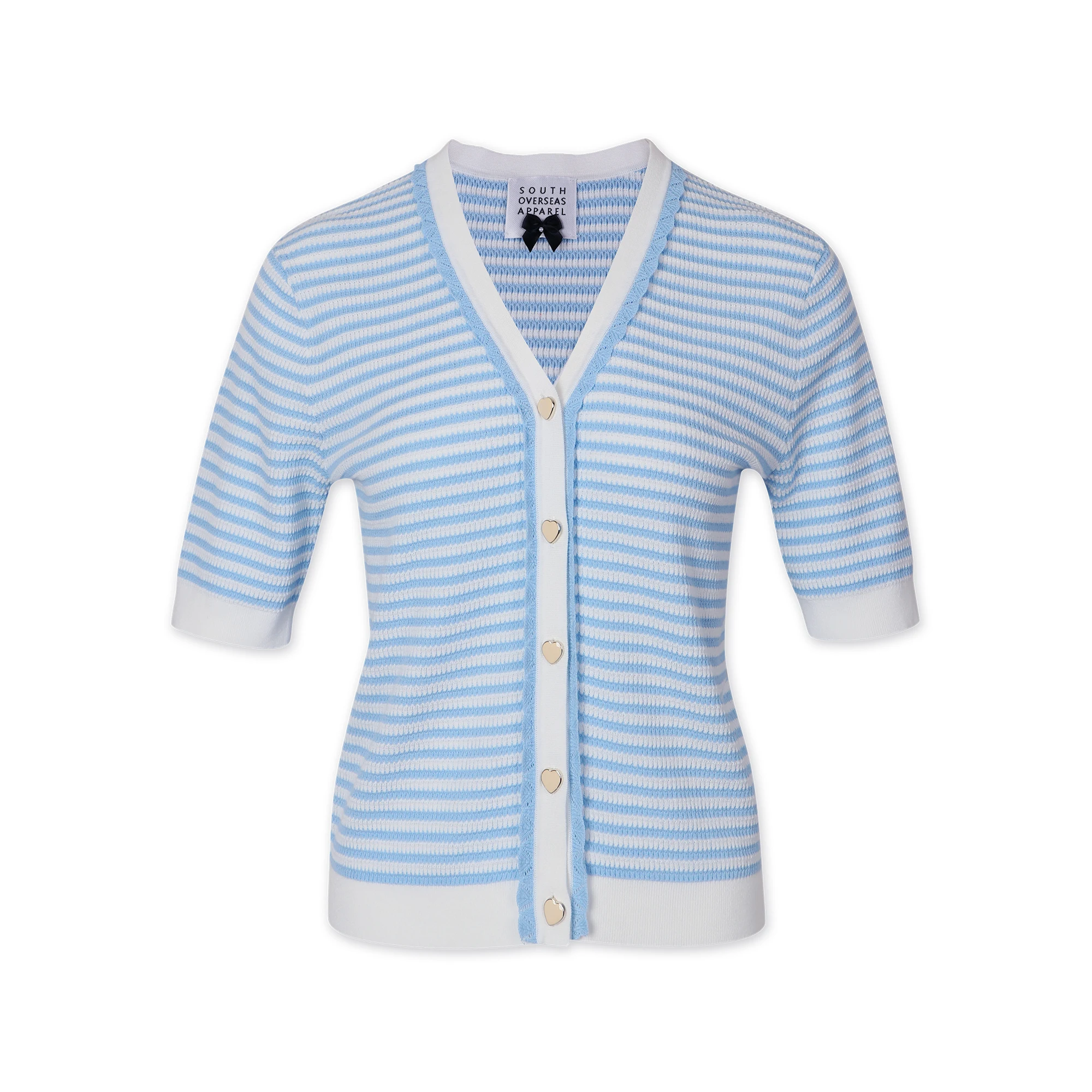 20ALW1286 New Arrival Friendly Fibre Striped Naval Style V neck Short Sleeve Women Knitted Cardigan Sweater