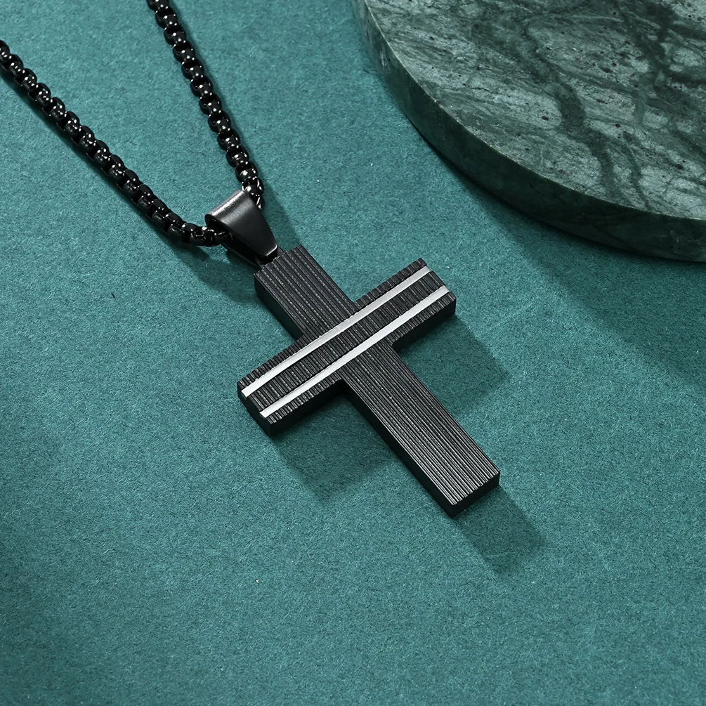 Wholesale Black And Gold Adjustable Box Chains Engraved Brushed Cross Stainless Steel Necklaces Jewelry For Men