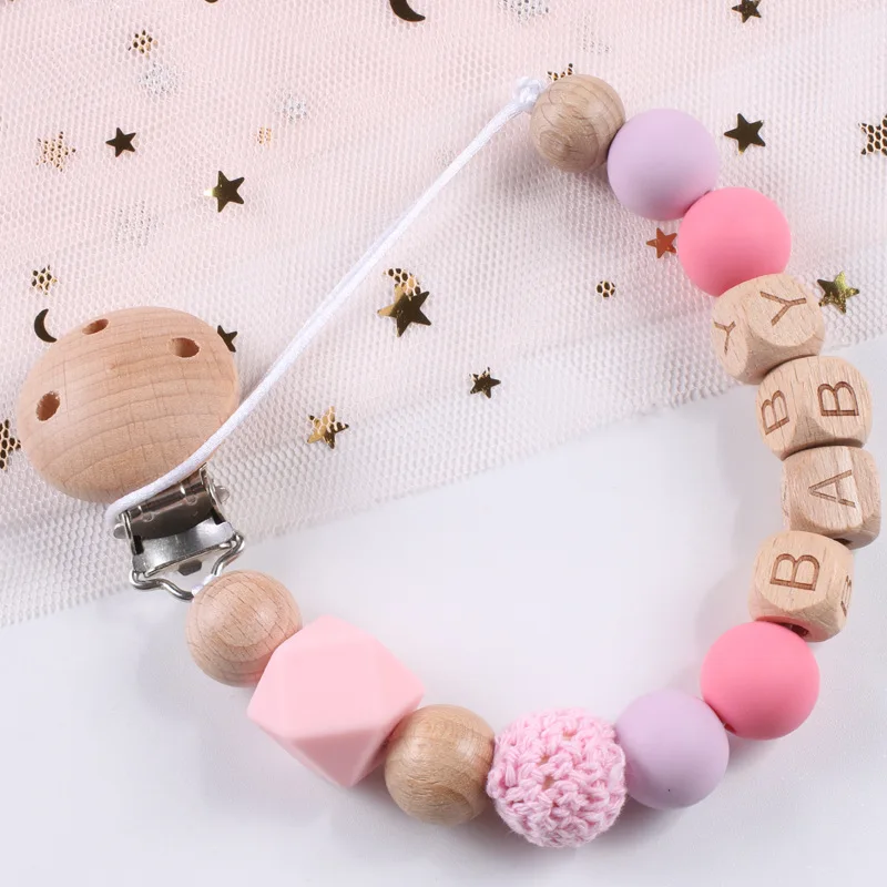 Factory Direct Sale BPA Free Baby Silicone Wooden Bead Dummy Pacifier Chain Pacifier Clips Chain