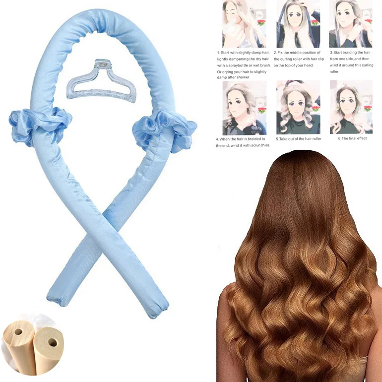 Private Label Not Heat Wave Hair Rollers Hair Curler With Rubber Foam Inside 100% Silk Ribbon Sponge Heatless Hair Curler