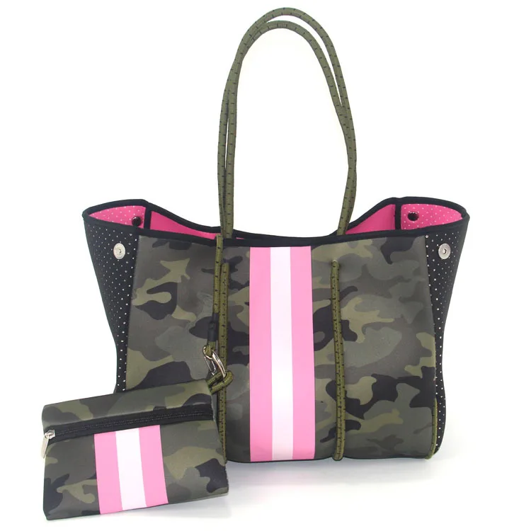 Stylish Beach Bag Ladies Perforated Neoprene Tote Bags Printing Neoprene Shoulder Bag Private Label Women Waterproof Handbags