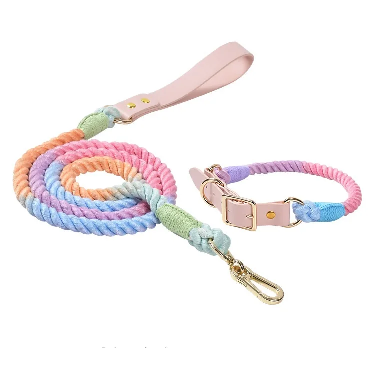 Macrame Hand Woven Pet Dog Collar and Leash Set Adjustable with Leather Adapter Handmade