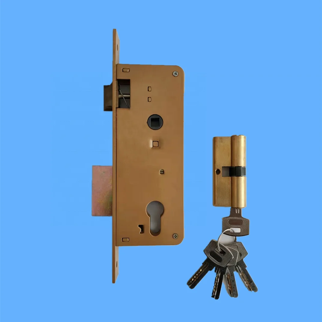 85mm hole center 45mm backset brass latch mortise lock with cylinder open for inner sliding wooden door