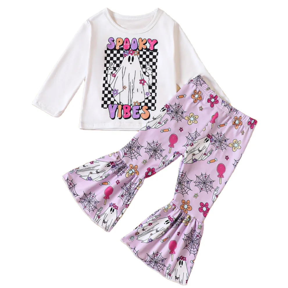 Halloween Ghost Spooky cute little girls ruffle outfits toddler baby girls set
