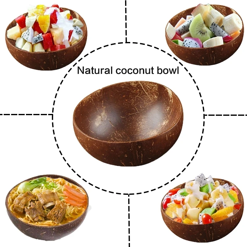 Wholesale 100% Natural Eco-friendly Coconut Shell Bowl Fruit Salad Noodle Rice Bowl Handicraft Decoration Customized Logo