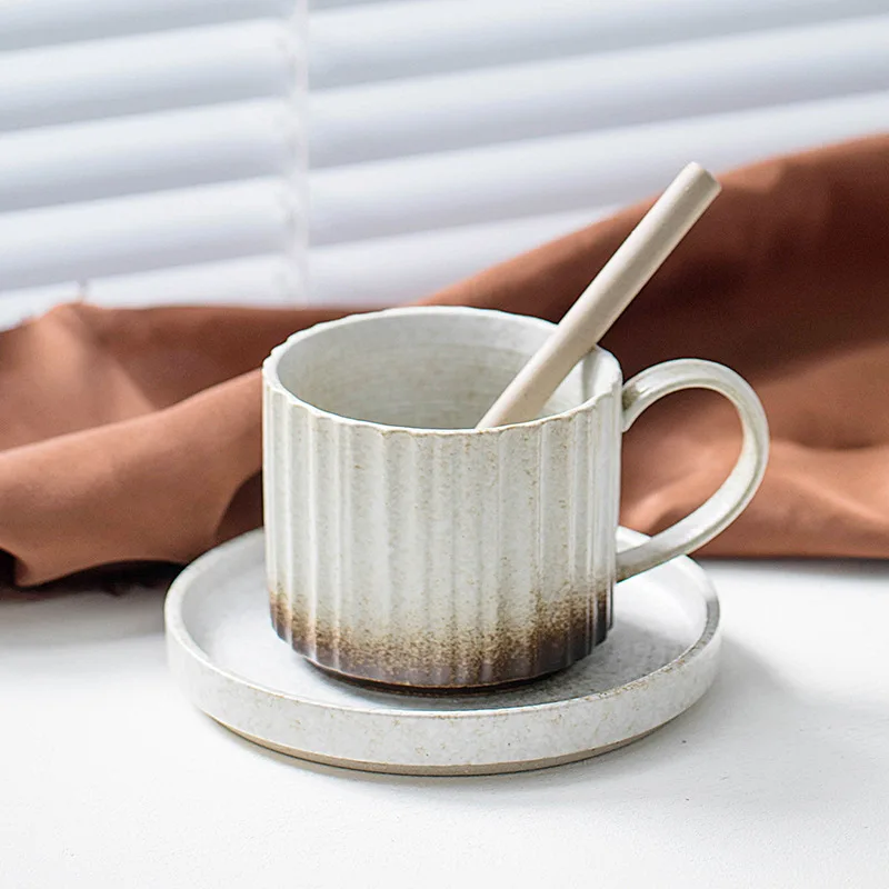 250ML Light Luxury Style Striped Coffee Mug Cup And Saucer Retro Stoneware Japanese Flowing Glaze Afternoon Tea Cup with Saucer