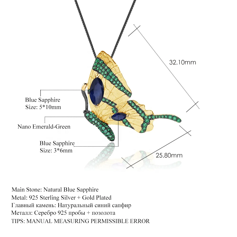 Abiding Natural Blue Sapphire 925 Sterling Silver Multiple Usages Jewellery Handmade Butterfly Pendant Gold Plated Brooch