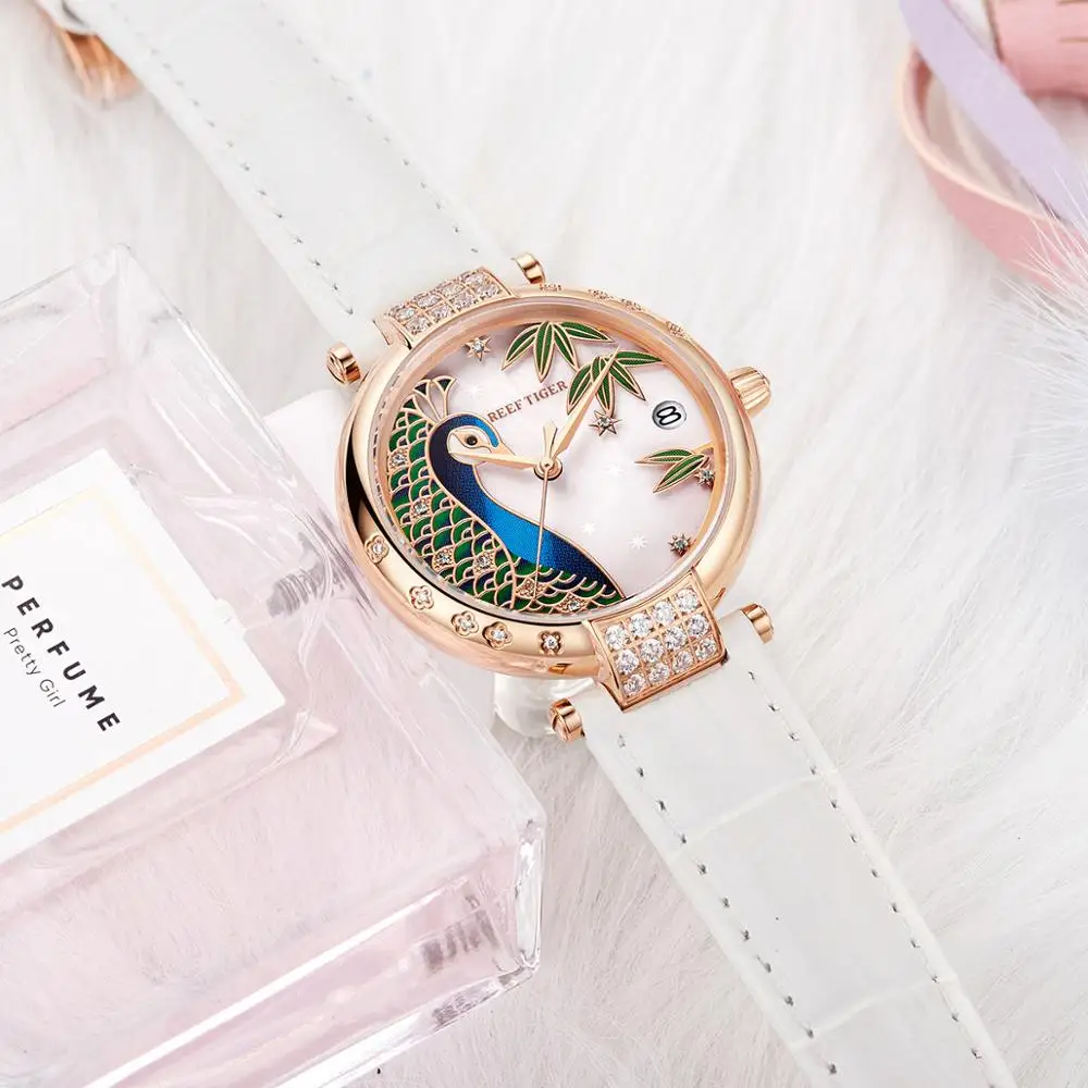 Reef Tiger Top Brand Luxury Rose Gold Watch White Dial Steel Women Automatic Mechanical Watches RGA1587