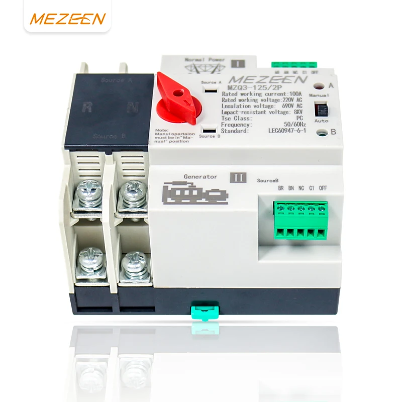 Mini Household ATS MZQ3 230 / 400V 125A 2Poles Dual Power Automatic Transfer Switch for Home Use