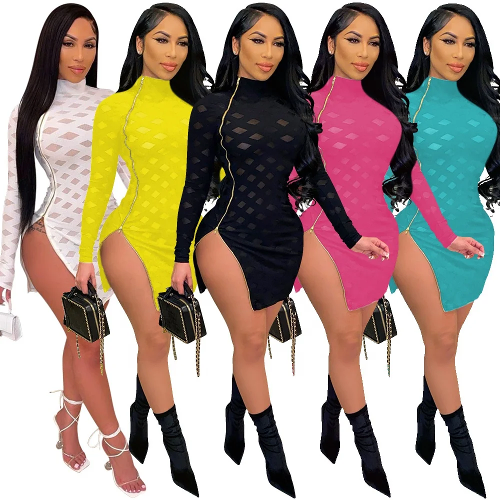 Vestidos Elegante Zipper Slit Hollow Out See Through Mesh Turtleneck Slim Party Night Club Long Sleeve Mini Bodycon Dress