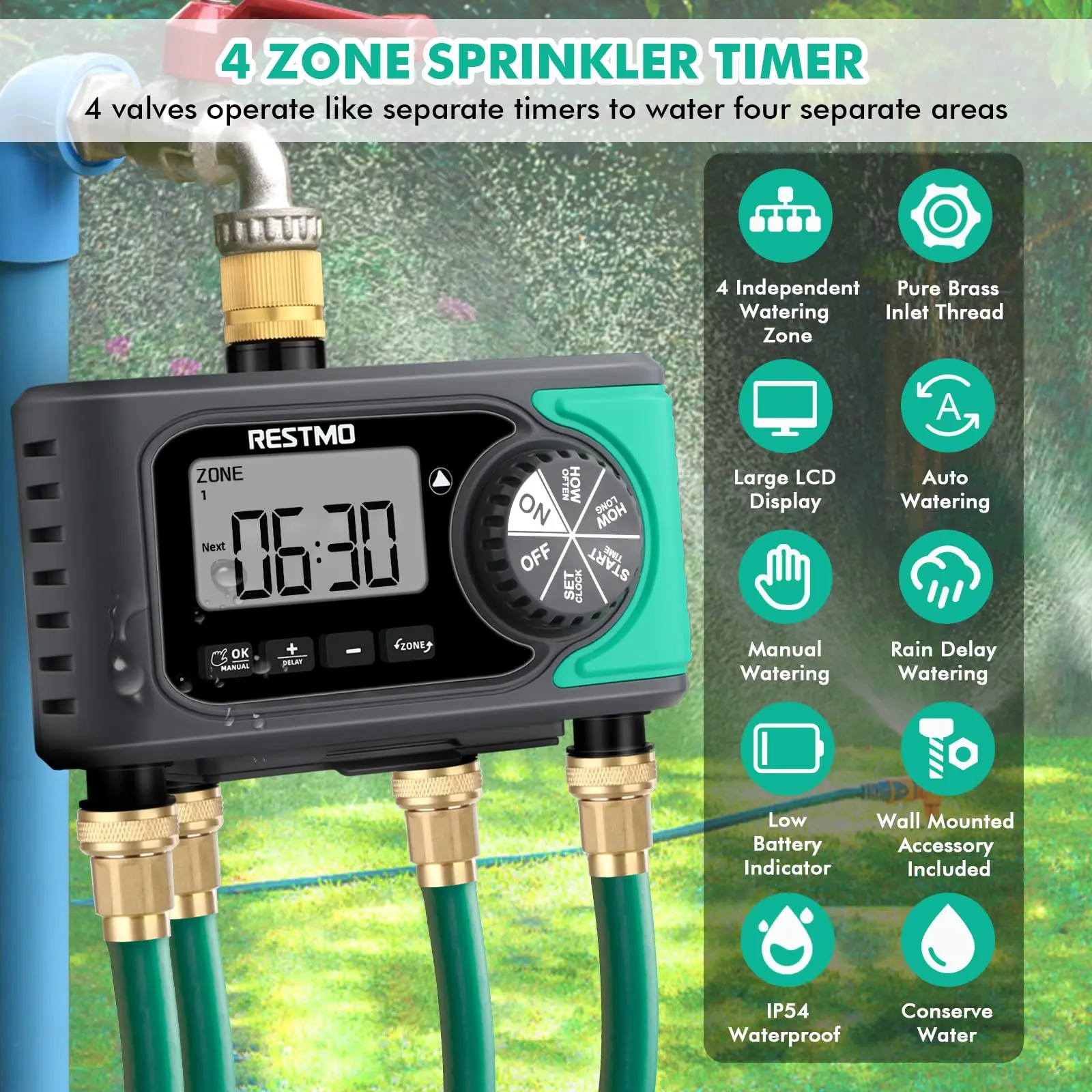 4-Outlet Sprinkler Timer 4 Zone Programmable Water Timer for Garden Automatic Digital Control for Outdoor Faucet Drip Irrigation