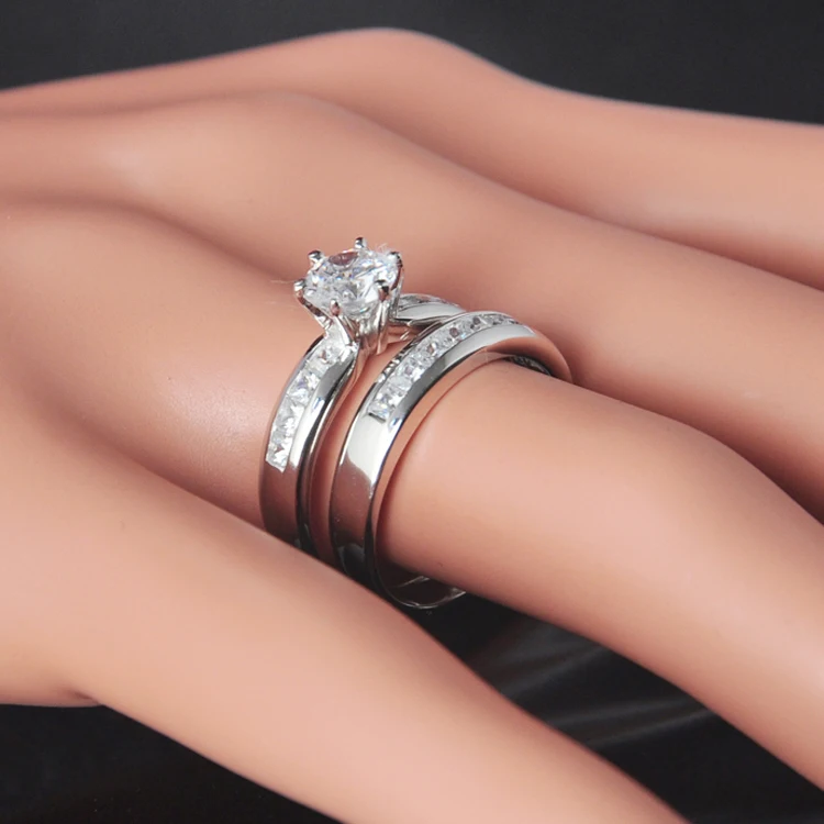 Classic 925 Sterling Silver  Wedding ring sets with AAA Clear Zircon and rhodium plated fine silver Jewelry For Women