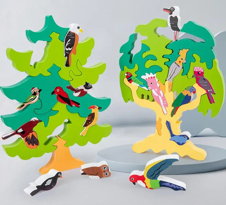 Educational shape matching wooden building blocks bird tree puzzle game 3d handmade puzzles wooden balance blocks