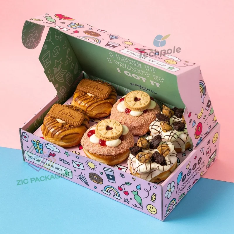 Custom Design Logo Eco-Friendly Food Grade Printing Foldable Cake Food Cookie Bread Pastry Donut Macaron Paper Packaging Boxes
