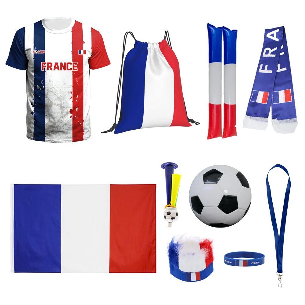Custom Logo promotional products France football team fans gift kit events games sports giveaway set jersey wig flag fan box