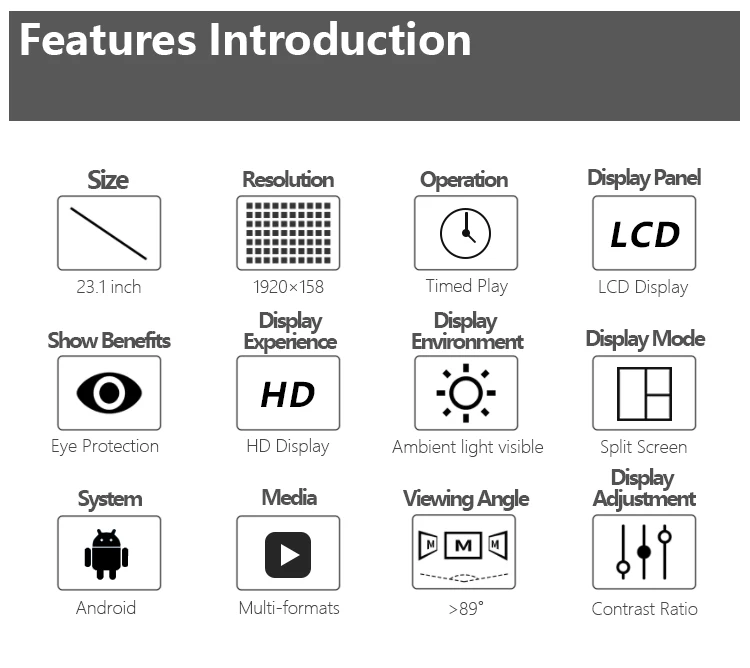 23.1 inch High Resolution supermarket Shelves Stretched Lcd Display Bar Type Lcd Shelf Edge Digital Signage