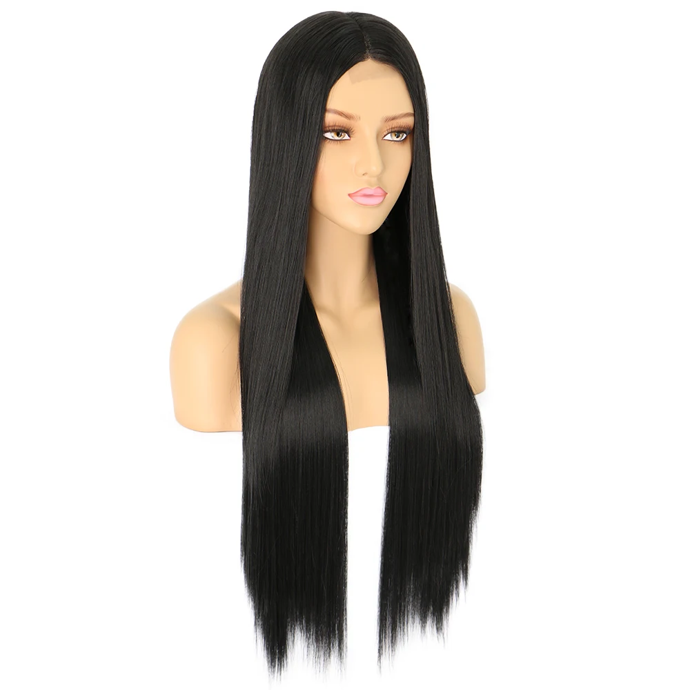 
Оптовая продажа, черные, средней длины, натуральные прямые человеческие волосы, полноразмерные парики на сетке спереди 