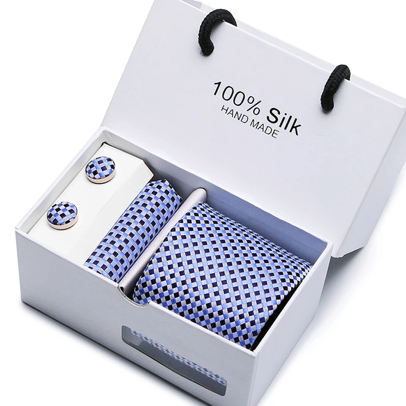 2.95inch(7.5 Cm) Width Plaid Blue Man Tie Handkerchief and Cufflinks Gift Box Packing Many Color