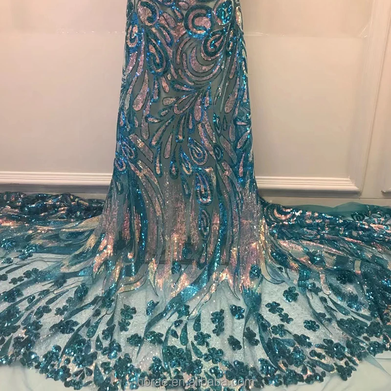 SF002 Wholesale Price OEM Rhinestone Sequin Beaded Fabric Gradient Color African Lace Bridal Fabrics