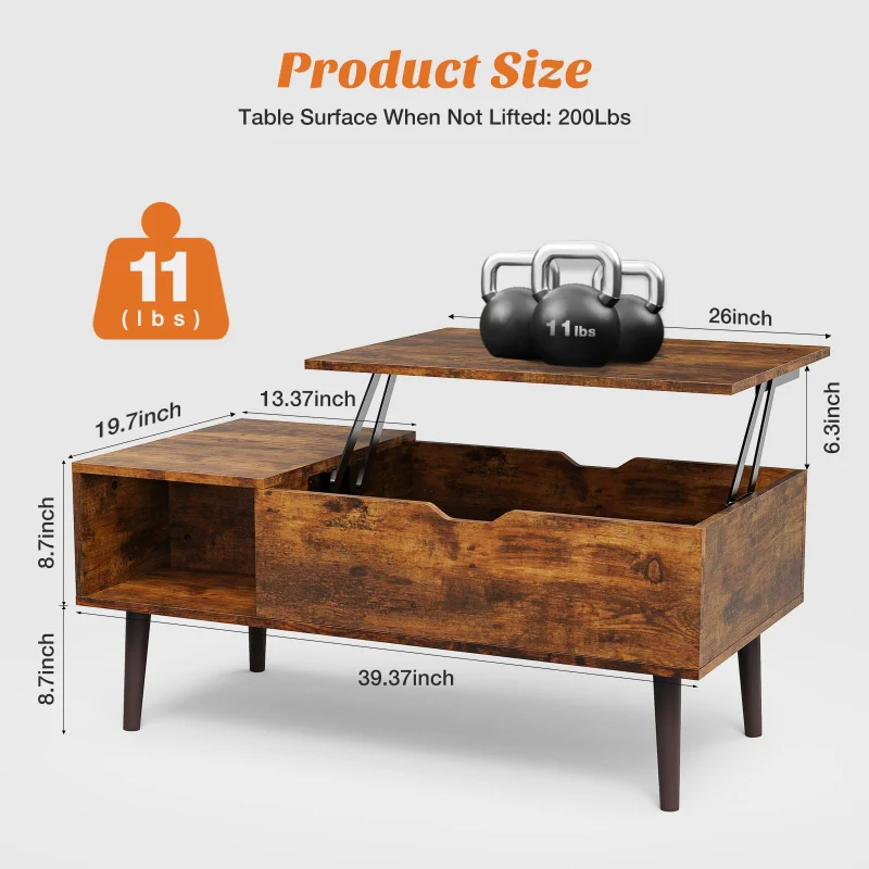 KFZ-1 Coffee Table Brown Lift Top Coffee Tables for Living Room Small Rising Wooden Dining Center Tables with Storage
