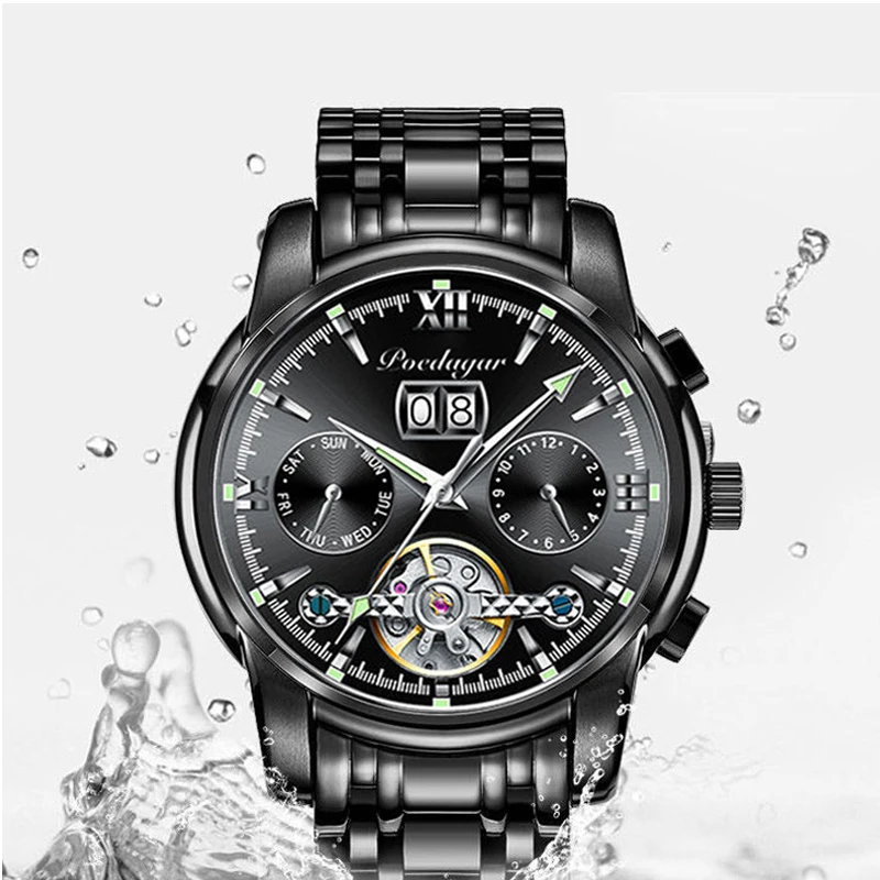 POEDAGAR Business Watch Men Automatic Mechanical Tourbillon Watch Luxury Fashion Stainless Steel Sport Watches Relogio Masculino