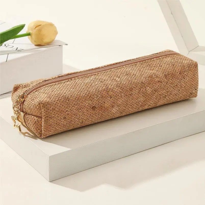 Factory Wholesale Vegan Leather Cork Multifunction Hand Pencil Case Office Stationery  Pen Bag Makeup Storage Bag With Zipper