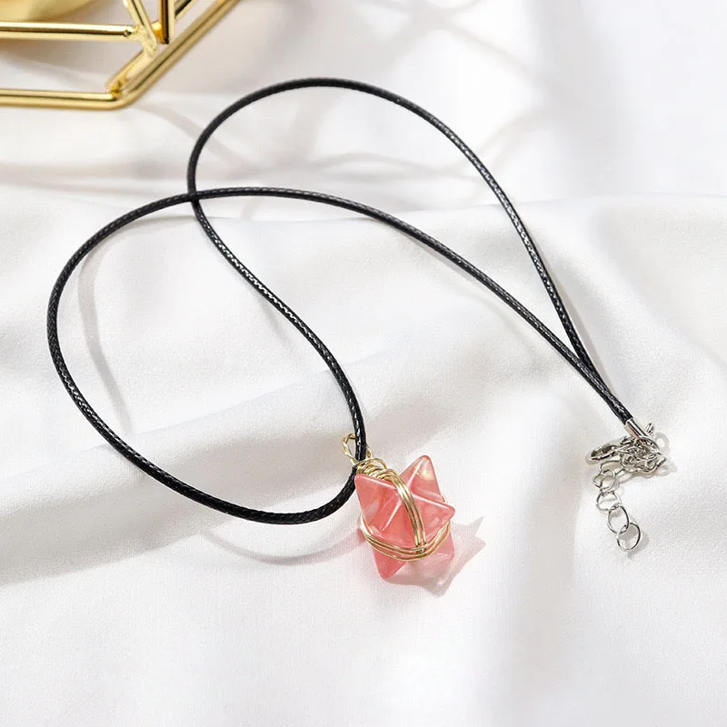 Wholesale Bulk Natural Crystal Gemstone Carved Merkaba Star Gold Wire Wrapped Merkaba Necklace Pendant