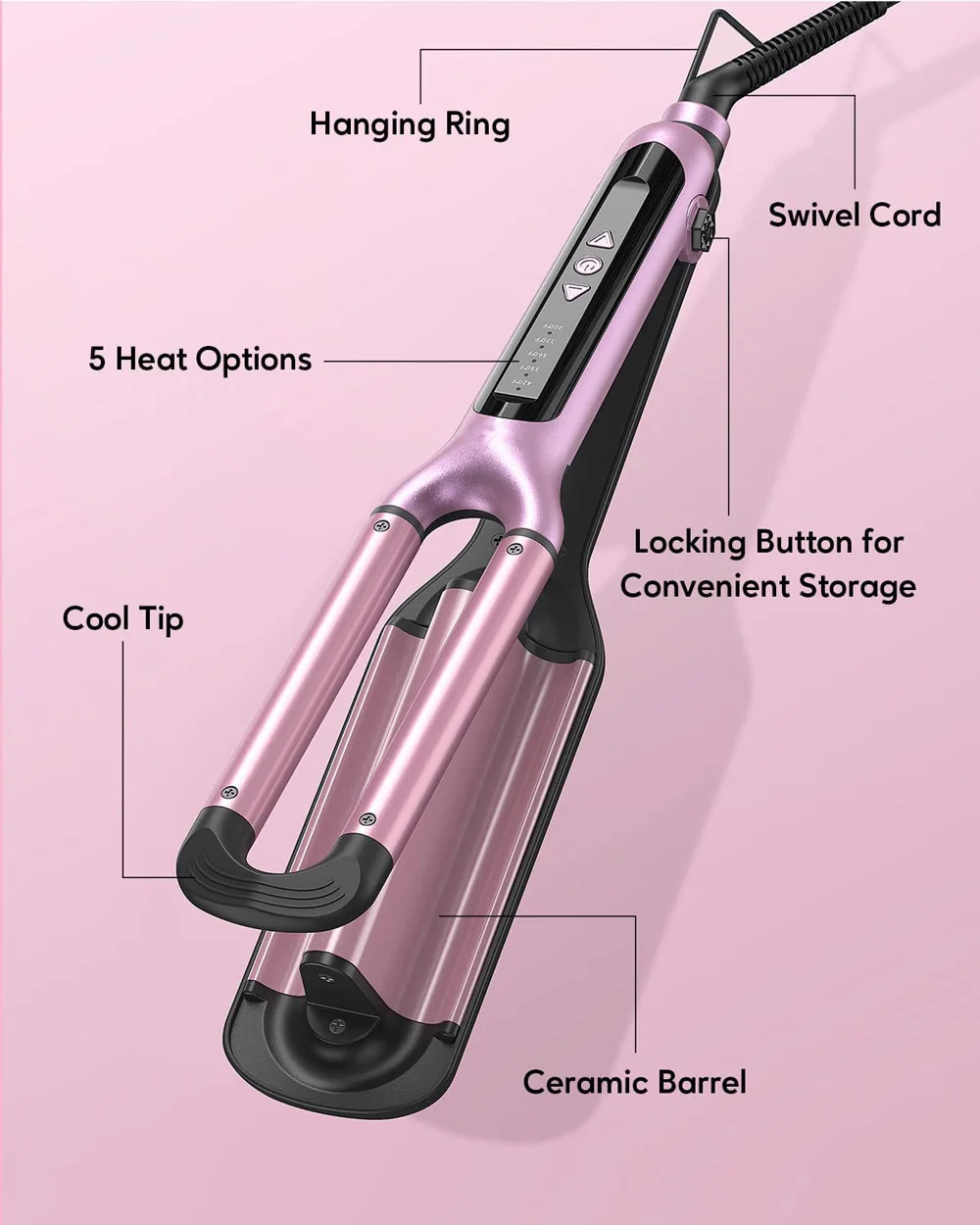 Pink 3 Barrel Deep Hair Waver Adjustable Heat Beach Waves Curling Iron LED Display Ceramic Wave Wand Hair Crimper