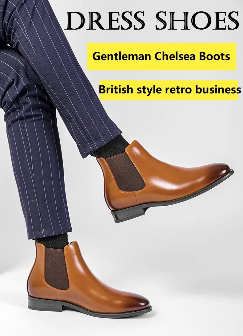 Mens Chelsea Boots Classic Mens Cowboy Leather Brown Ankle Boots British High Cut Shoes Footwear Dress Boots Slip-On shoes