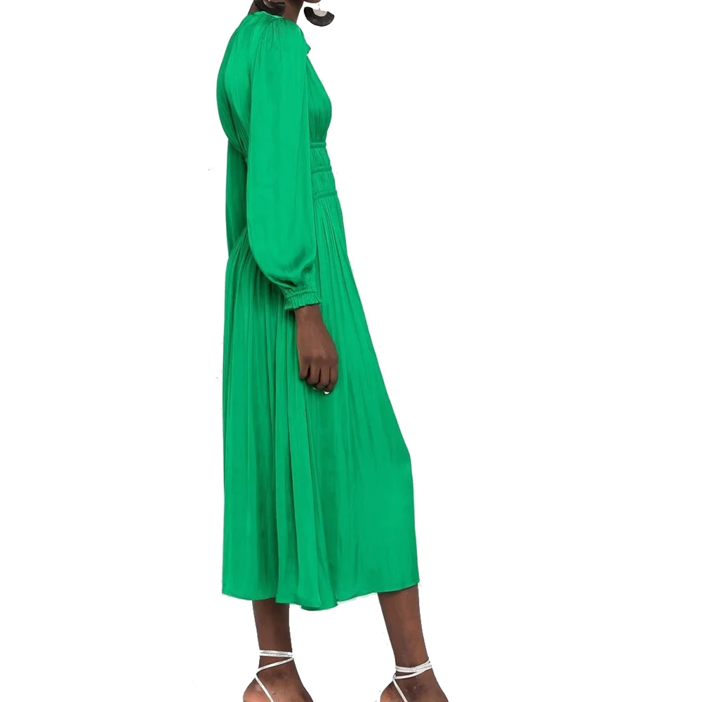 Custom Loose Fit Long Puff Sleeve Lady Elegant Womens Dresses Gathered Waist V-neck Evening Dresses