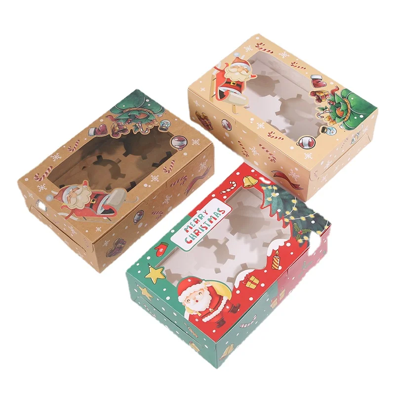 Christmas Cookie Box Cupcake Baked Dessert Gift Packing with Clear Window Brownies Bakery Cookie Boxes with Inserts 4 6 12 Holes