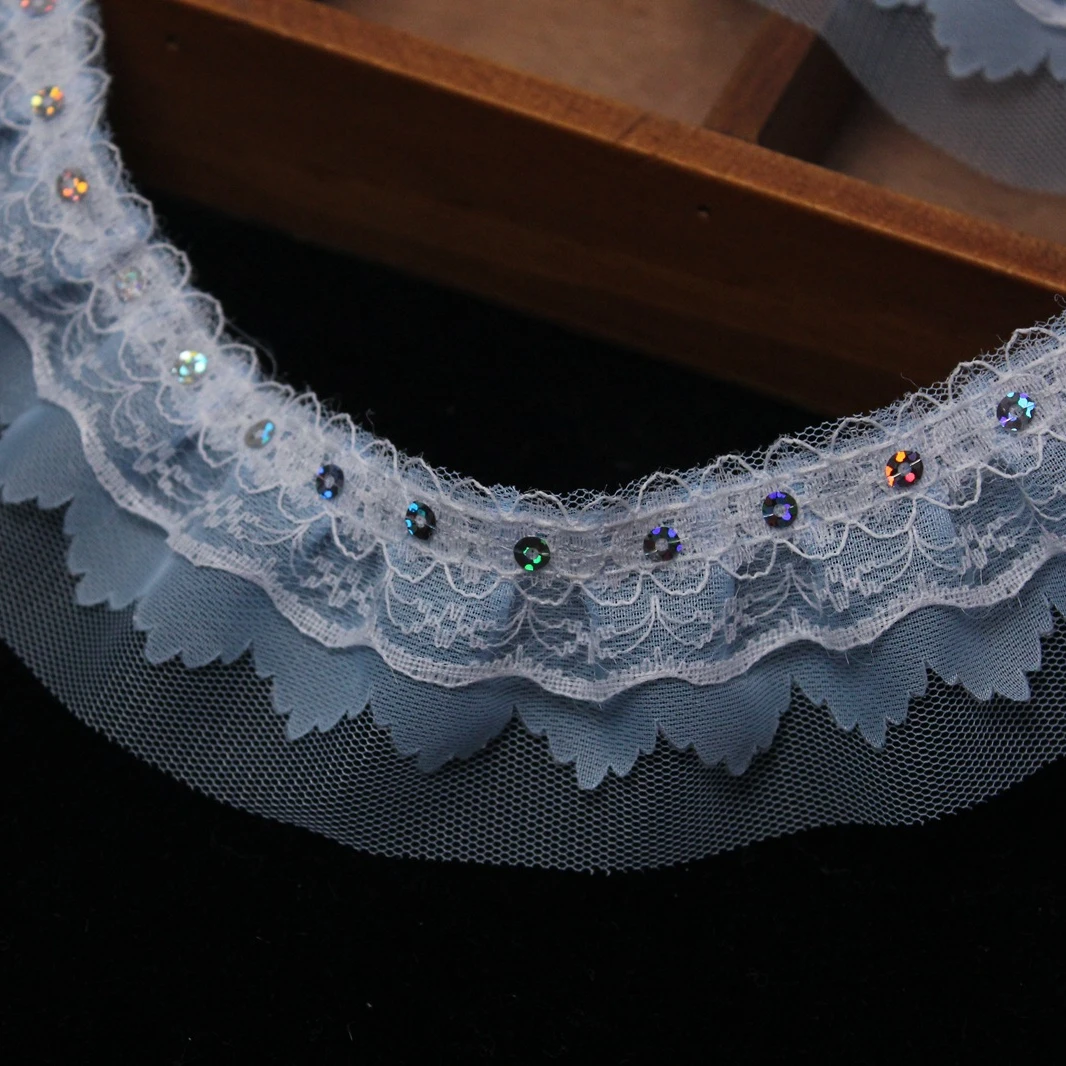 Blue elastic organza lace trim layers cute band for kids dress clothes Flashing film pleating glitter mesh lace
