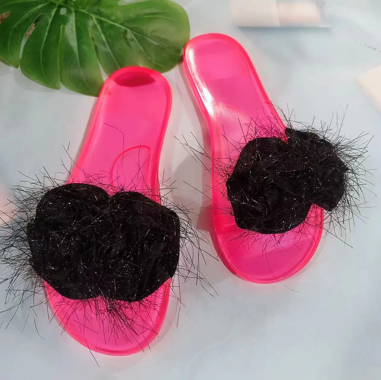 Ubililia Ladies Fashion Summer Flats Outdoor Woman Slides Beach nude one letter shiny flower Slip On crystal Clear jelly Shoes