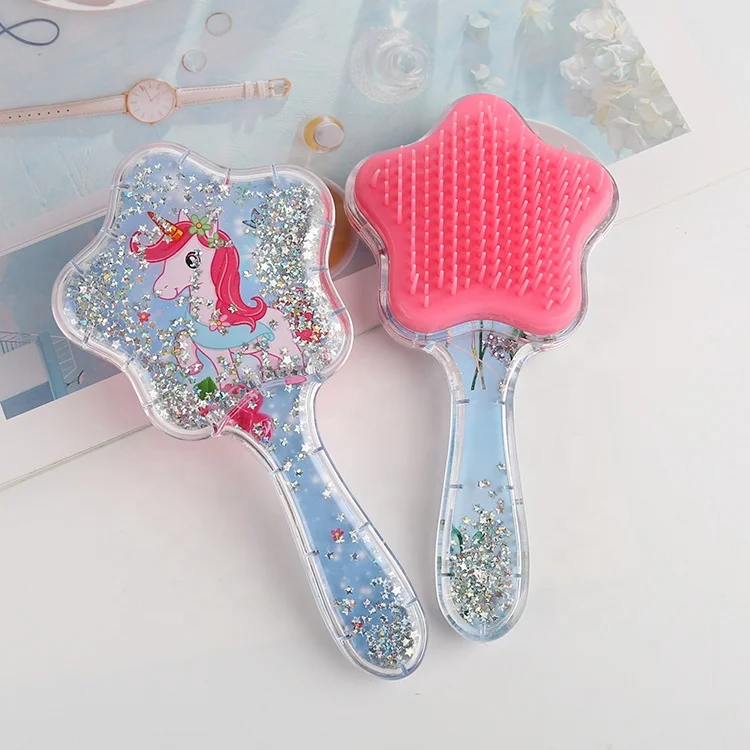 Manufacturer Star Shape Anti-Static Plastic Detangling Massage Hairbrush Children Cute Glitter Hair Brush with Sequins Quicksand