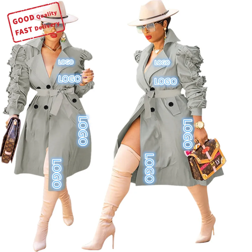 
GQ0368 fall winter long coats for ladies pleated ruffle sleeved trench coat women fashionoable elegant coats 