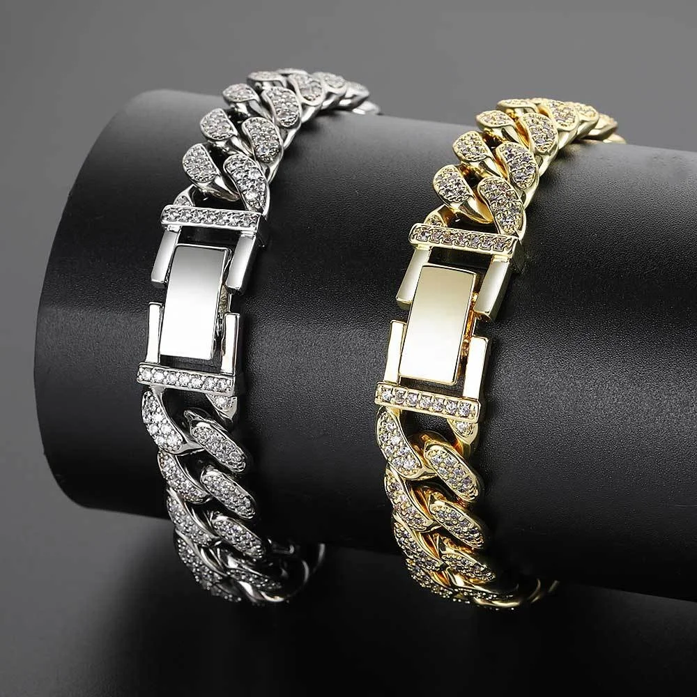 VEROMCA 12MM Micro Pave Zircon Full Drill Bracelet Men Stainless Steel Cuban Chain Jewelry
