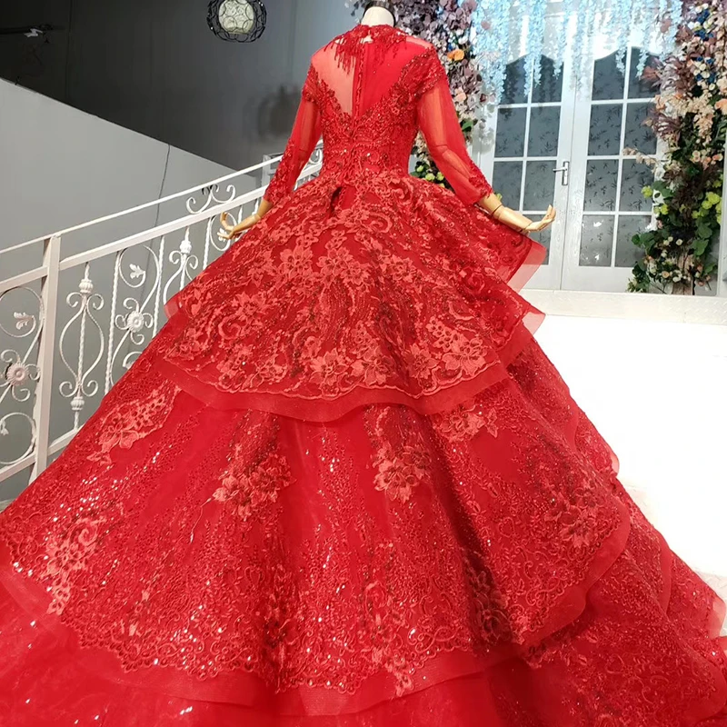 HTL886 Jancember real luxurious high neck long sleeves pleat red high quality luxury dress