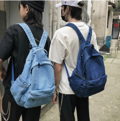 Fashion Lightblue Dark blue Jeans Outdoor Bag Travel School Bag Denim Women Mens Backpack