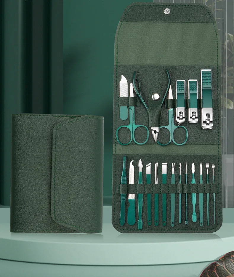 New 20 Pcs Portable Luxury Manicure Sets Pedicure Kits Bright Green Nail Clipper Set Personal Care Tools