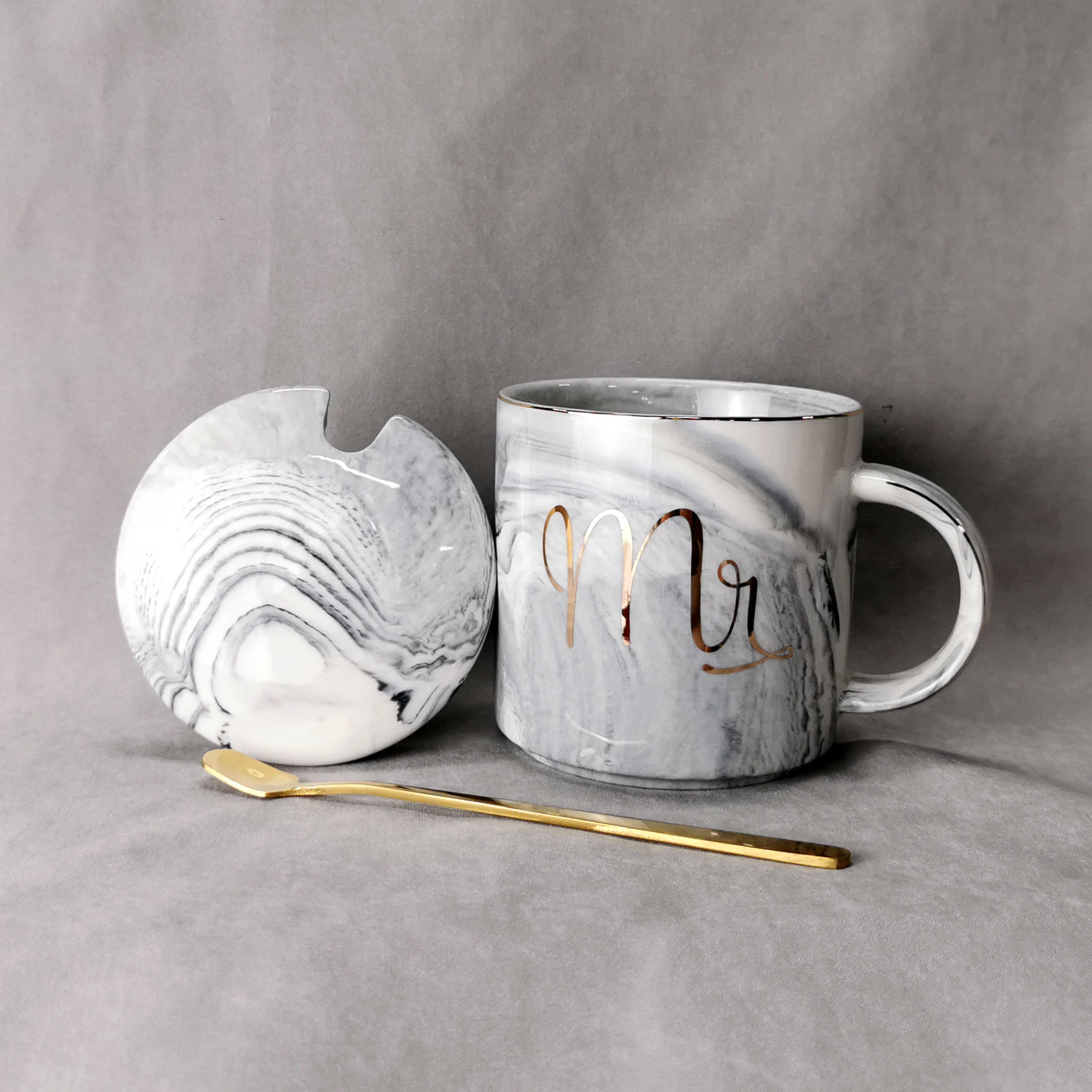Gift box marble style mug set with gold printing Mr&Mrs gold rim 12oz ceramic porcelain coffee cup mug marble