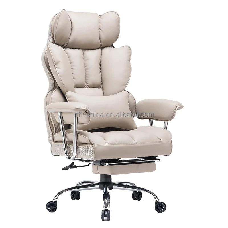 Heavy duty beige synthetic leather lumbar support executive reclining office chair with footrest